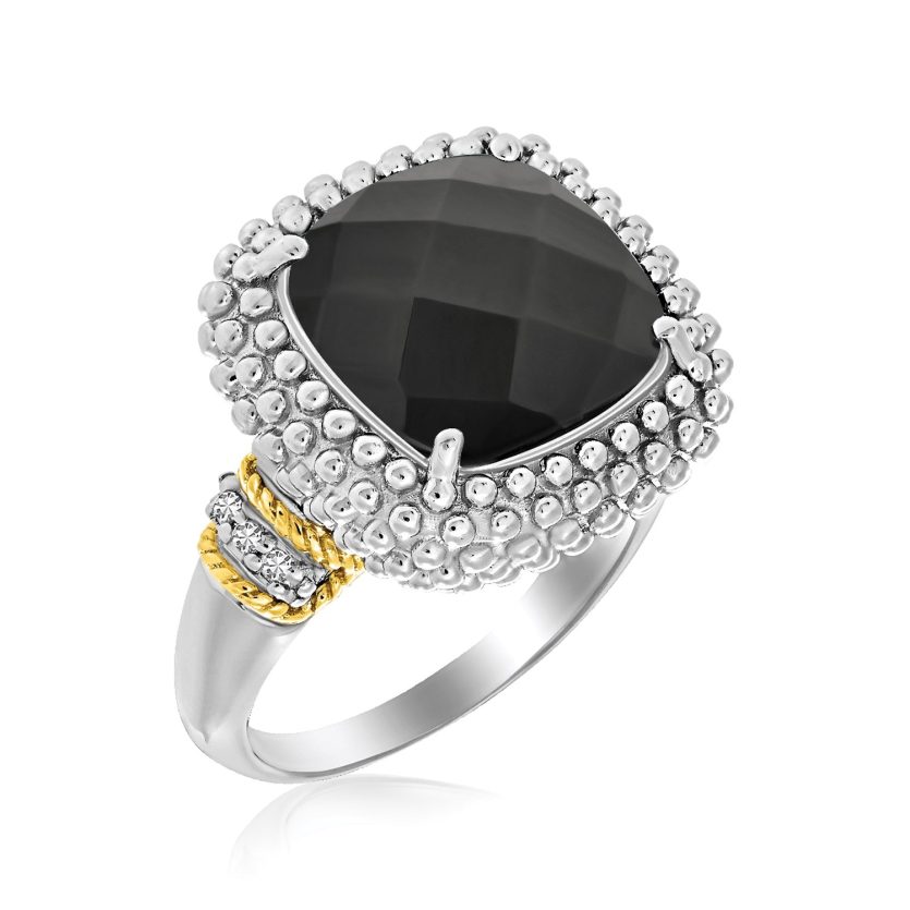 18k Yellow Gold & Sterling Silver Black Onyx and Diamond Popcorn Cushion Ring - Image 1