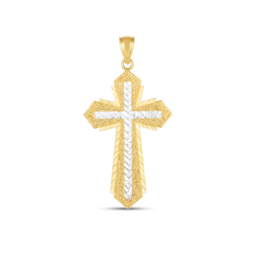 14k Two Tone Gold High Polish Diamond Cut Cross Pendant - Image 1