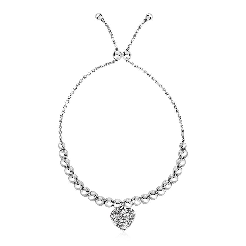 Adjustable Bead Bracelet with Round Charm and Cubic Zirconias in Sterling Silver - Image 1