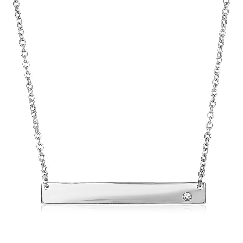 Sterling Silver Polished Bar Necklace with Cubic Zirconia - Image 1