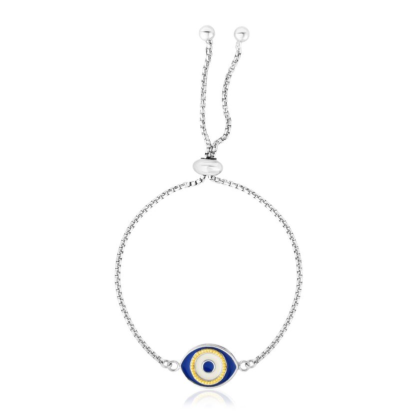 Sterling Silver Adjustable Two Toned Enameled Evil Eye Friendship Bracelet - Image 1