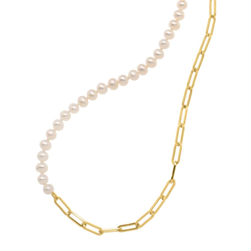 5mm Pearl and Lite Paperclip Necklace in 14K Yellow Gold - Image 1