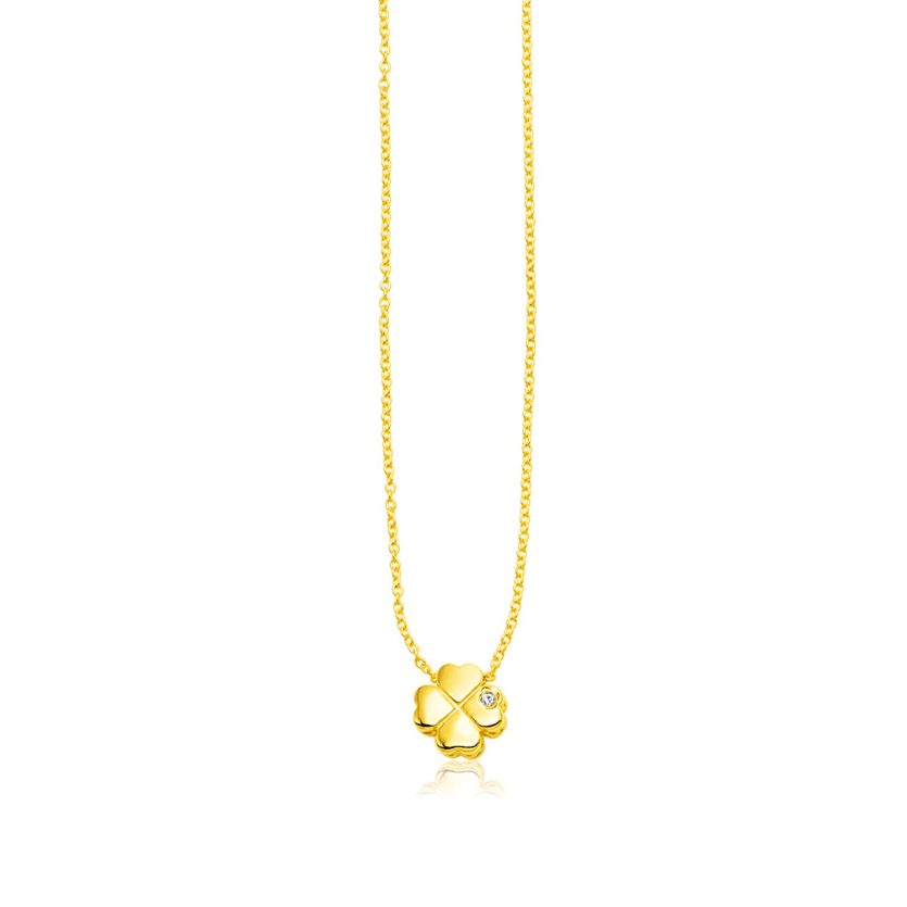 14k Yellow Gold Polished Four Leaf Clover Necklace with Diamond - Image 1