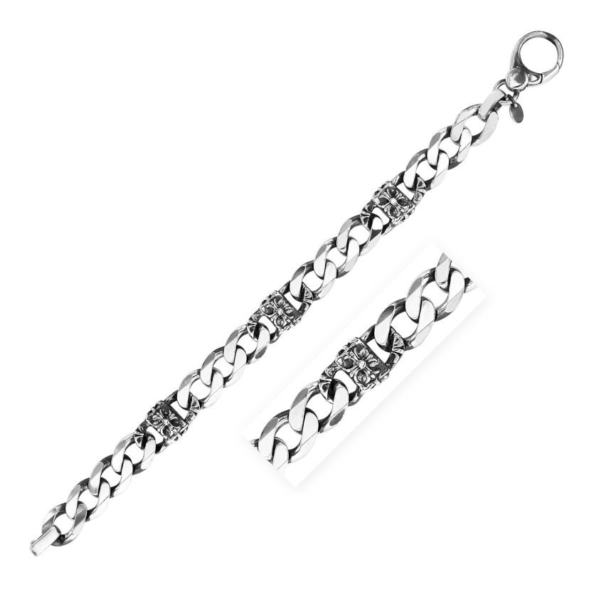 Sterling Silver Gunmetal Finish Cuban Link Bracelet with Floral Design(11.50 mm) - Image 1