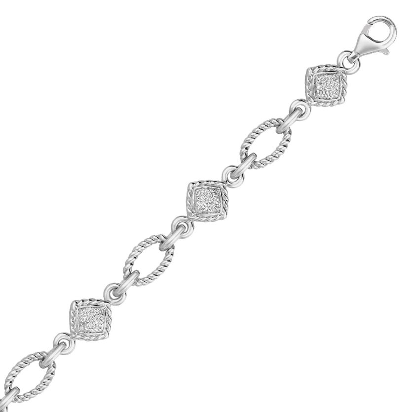 Sterling Silver Cable Oval and Square Link Bracelet with Diamonds (1/4 cttw) - Image 1