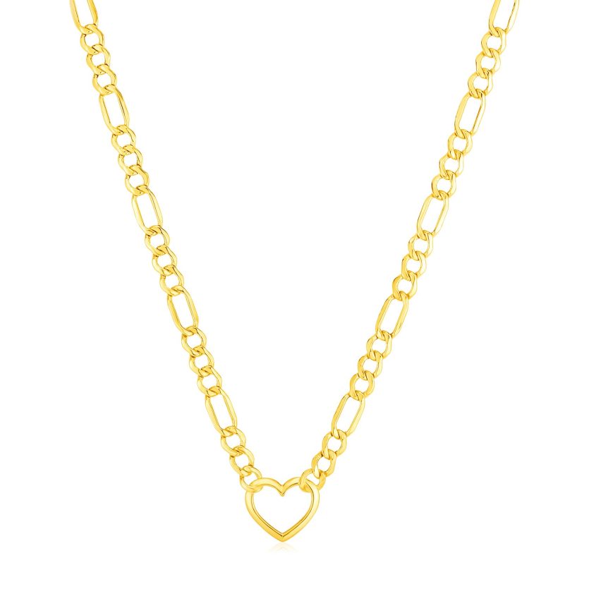 14k Yellow Gold Figaro Chain Necklace with Heart - Image 1