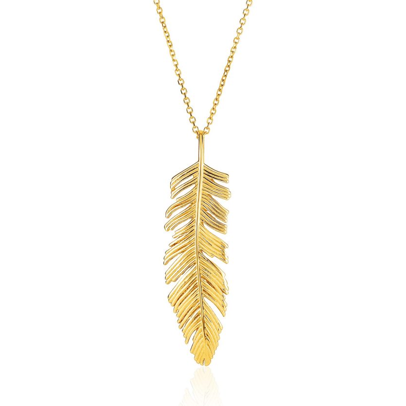 14k Yellow Gold with Textured Feather Pendant - Image 1