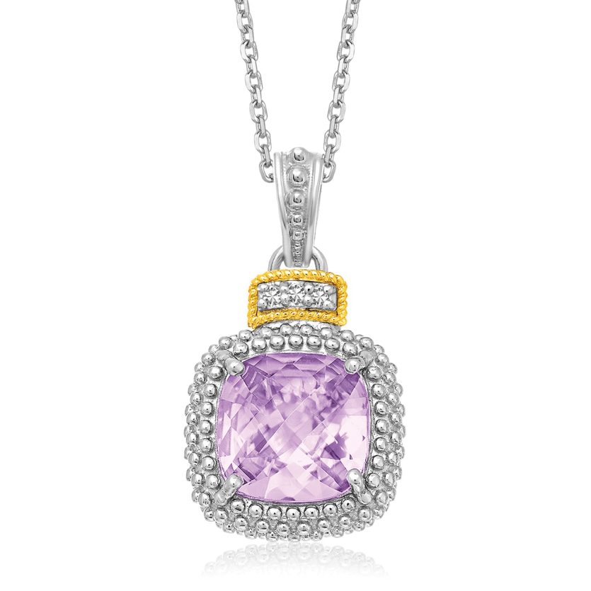 18k Yellow Gold & Sterling Silver Cushion Amethyst and Diamond Pendant - Image 1