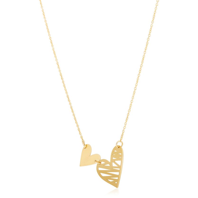 14k Yellow Gold High Polish Solid & Scribble Hearts Necklace - Image 1