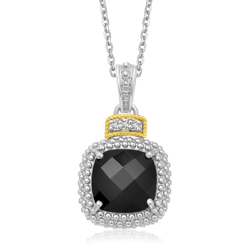 18k Yellow Gold & Sterling Silver Popcorn Cushion Black Onyx and Diamond Pendant - Image 1
