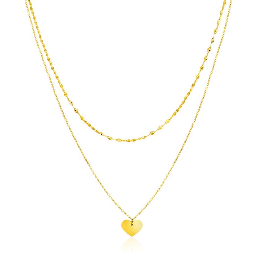 14k Yellow Gold 18 inch Two Strand Necklace with Heart Pendant - Image 1