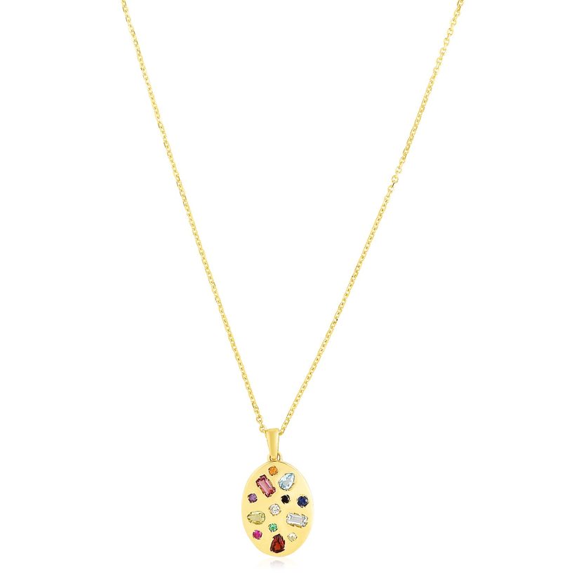14k Yellow Gold High Polish Oval Gemstone Inlay Necklace - Image 1