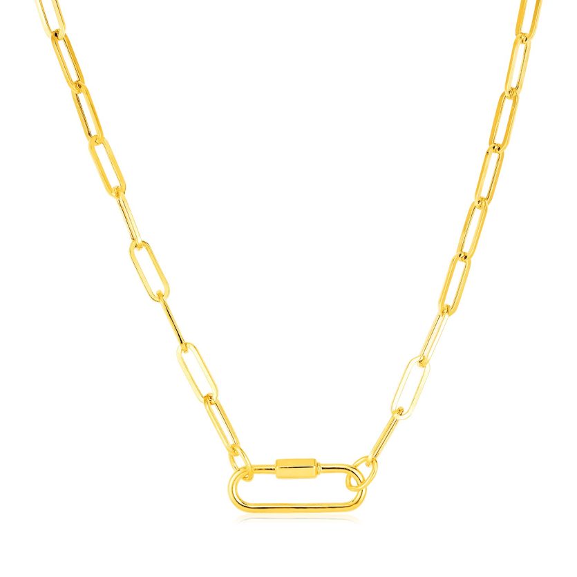 14k Yellow Gold Paperclip Chain Necklace with Oval Carabiner Clasp - Image 1