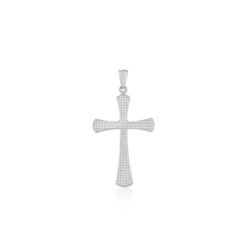 14k White Gold Cross Pendant with Beaded Texture - Image 1