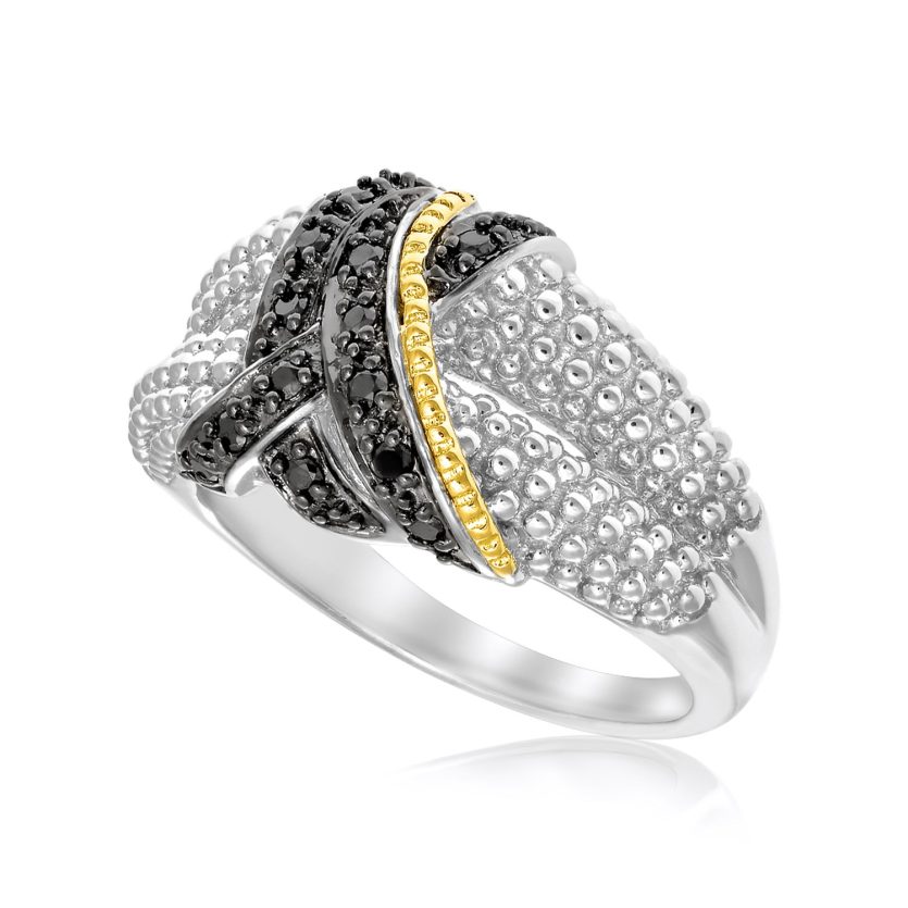 18k Yellow Gold & Sterling Silver Entwined Popcorn Ring with Black Diamonds - Image 1
