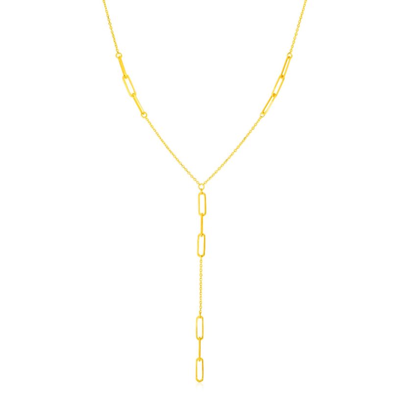 14K Yellow Gold Lariat Necklace with Paperclip Chain Stations - Image 1