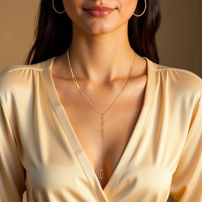 14K Yellow Gold Lariat Necklace with Paperclip Chain Stations - Image 3