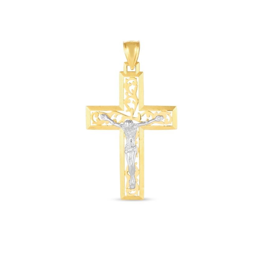 14k Two Tone Gold High Polish Diamond Cut Cross Pendant - Image 1
