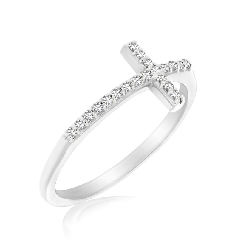 14k White Gold Cross Motif Ring with Diamond Accents (.11cttw) - Image 1