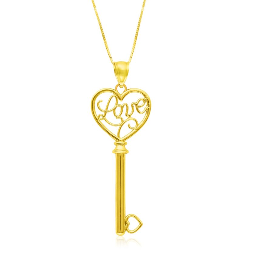14k Yellow Gold Skeleton Key Style LOVE Pendant - Image 1