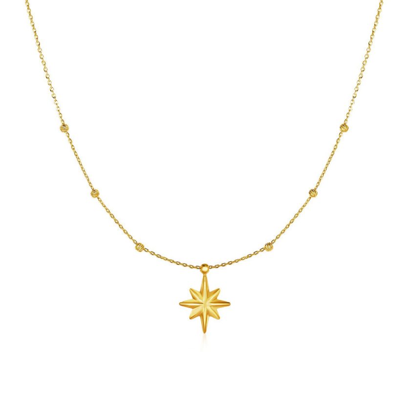 14k Yellow Gold Necklace with Eight Pointed Star and Beads - Image 1