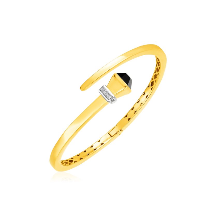 14k Yellow Gold Crossover Style Hinged Bangle Bracelet with Onyx (3.40 mm) - Image 1