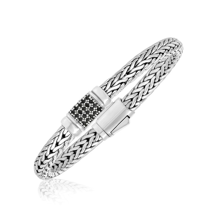 Sterling Silver Weave Style Bracelet with Black Sapphire Accents (7.10 mm) - Image 1