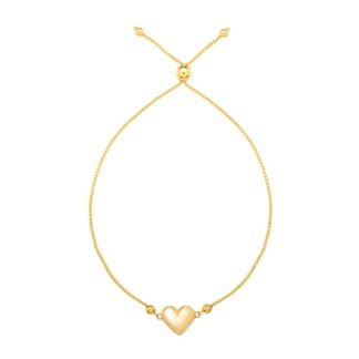 Adjustable Puffed Heart Draw String Bracelet in 14K Yellow Gold