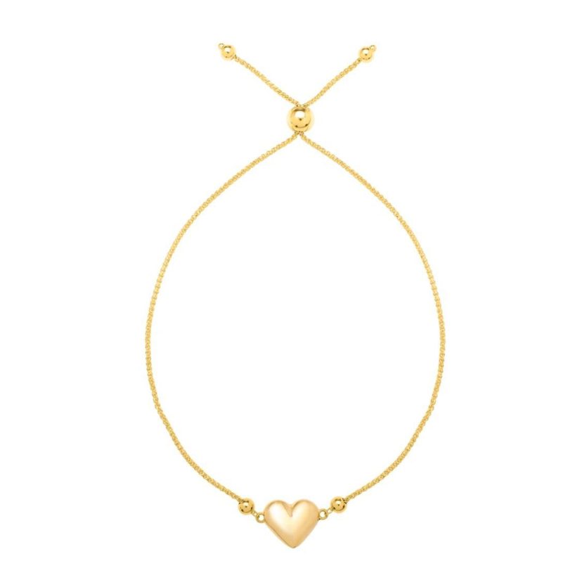Adjustable Puffed Heart Draw String Bracelet in 14K Yellow Gold - Image 1