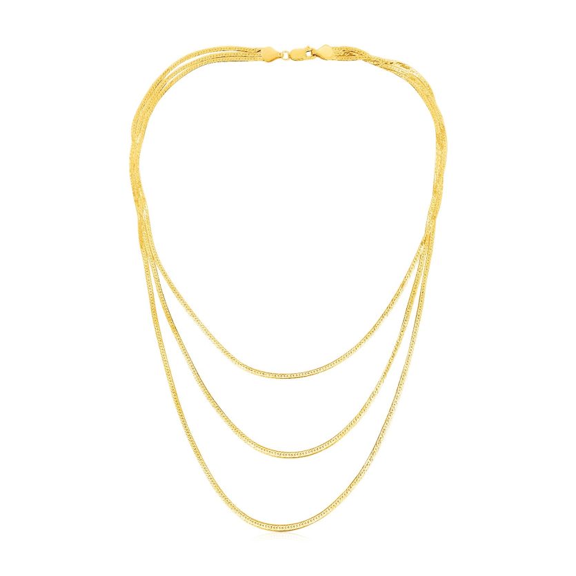 14k Yellow Gold Three Strand Herringbone Chain Necklace - Image 2