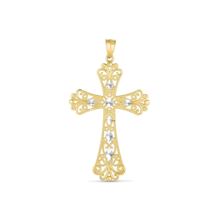 14k Two Tone Gold High Polish Diamond Cut Cross Pendant - Image 1