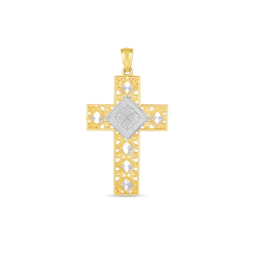 14k Two Tone Gold High Polish Diamond Cut Cross Pendant - Image 1
