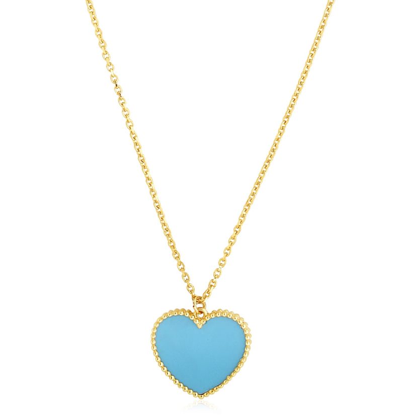 14k Yellow Gold High Polish Heart Turquoise Paste Necklace - Image 1