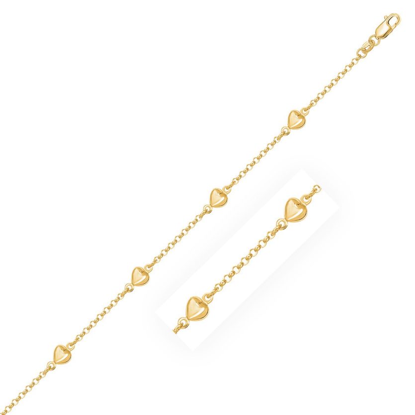 14k Yellow Gold Rolo Chain Bracelet with Puffed Heart Stations (3.30 mm) - Image 1