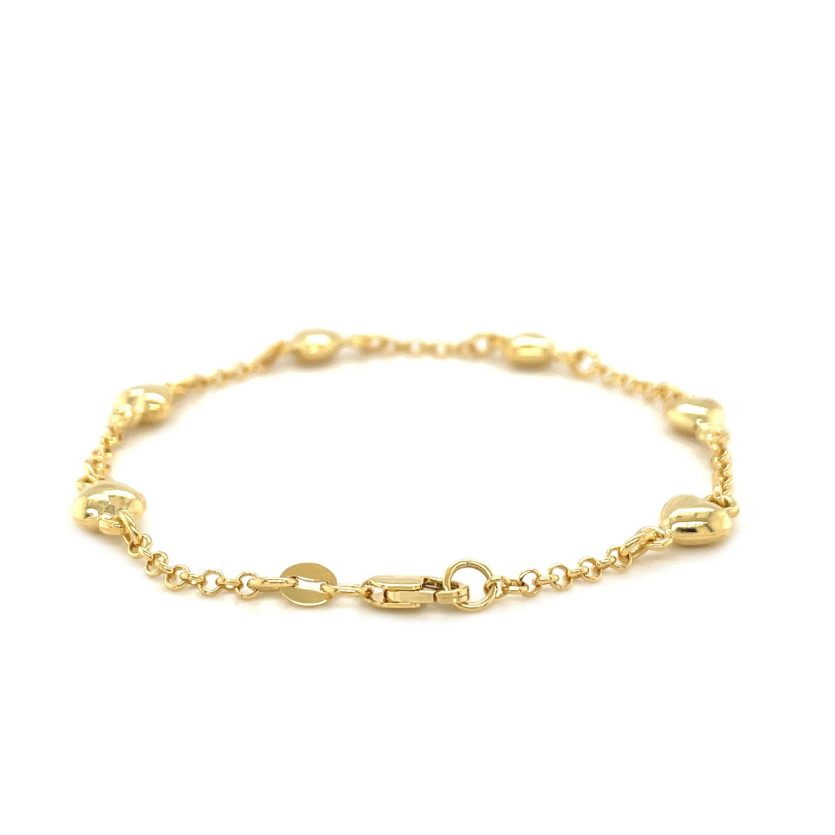 14k Yellow Gold Rolo Chain Bracelet with Puffed Heart Stations (3.30 mm) - Image 2