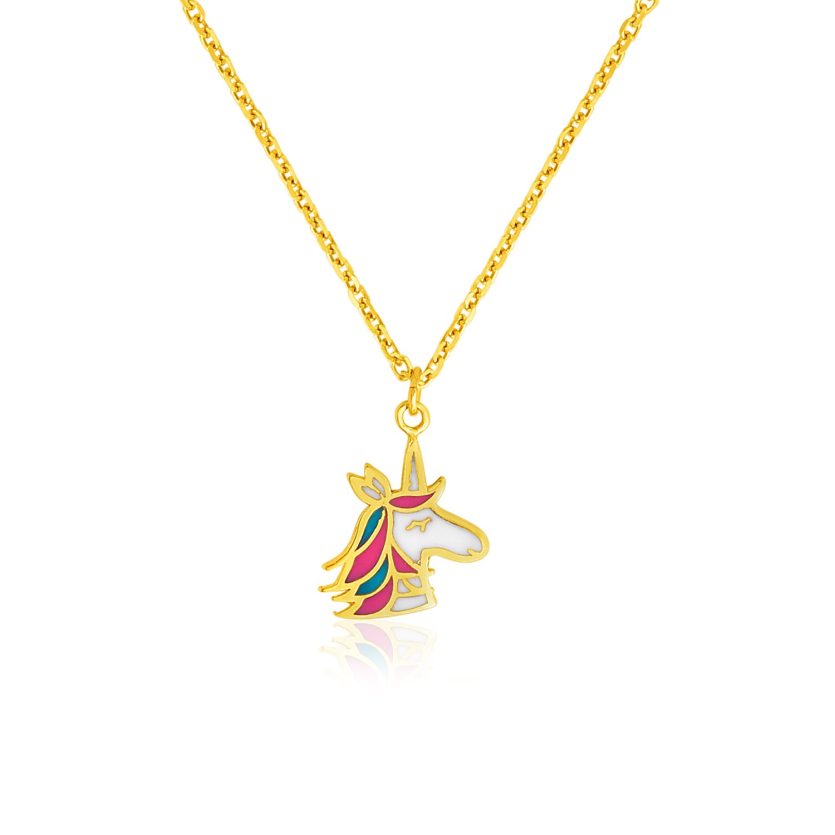 14k Yellow Gold Childrens Necklace with Enameled Unicorn Pendant - Image 1