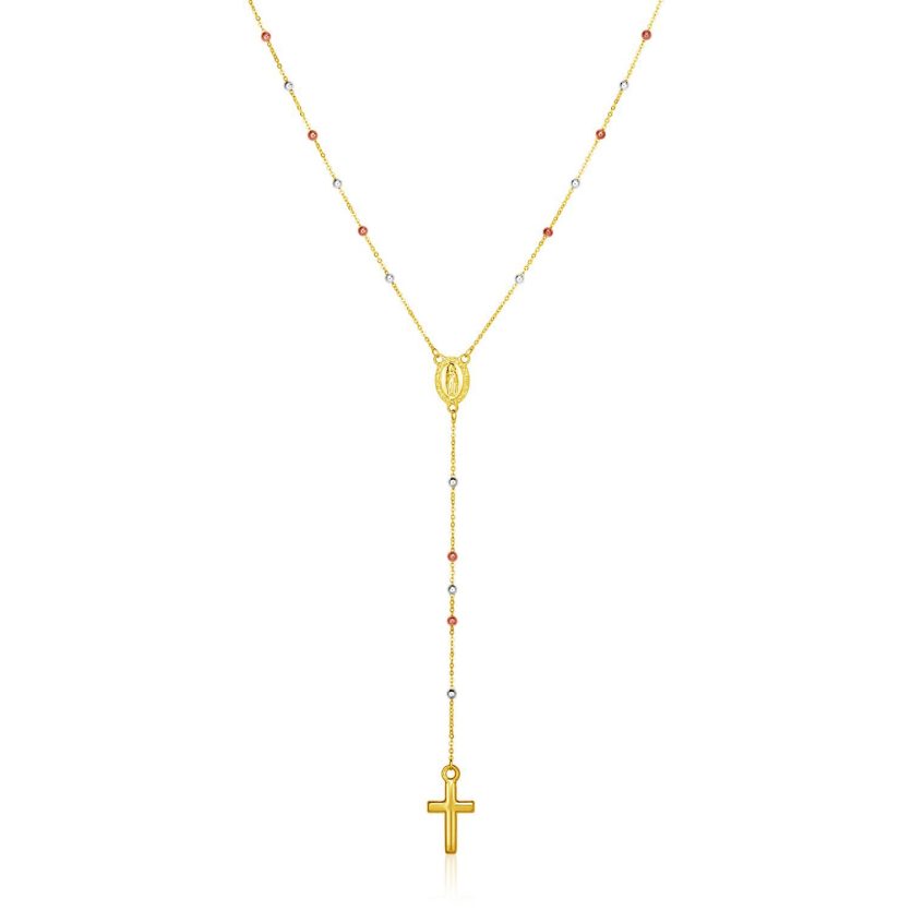 14k Tri Color Gold Lariat Rosary Necklace - Image 1