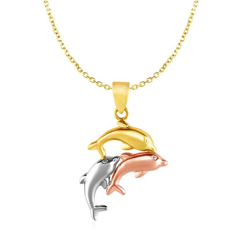 Pendant with Three Dolphins in 10k Tri Color Gold - Image 1