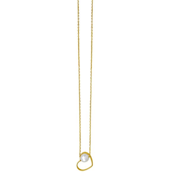 Open Heart and Pearl Necklace in 14K Yellow Gold - Image 1
