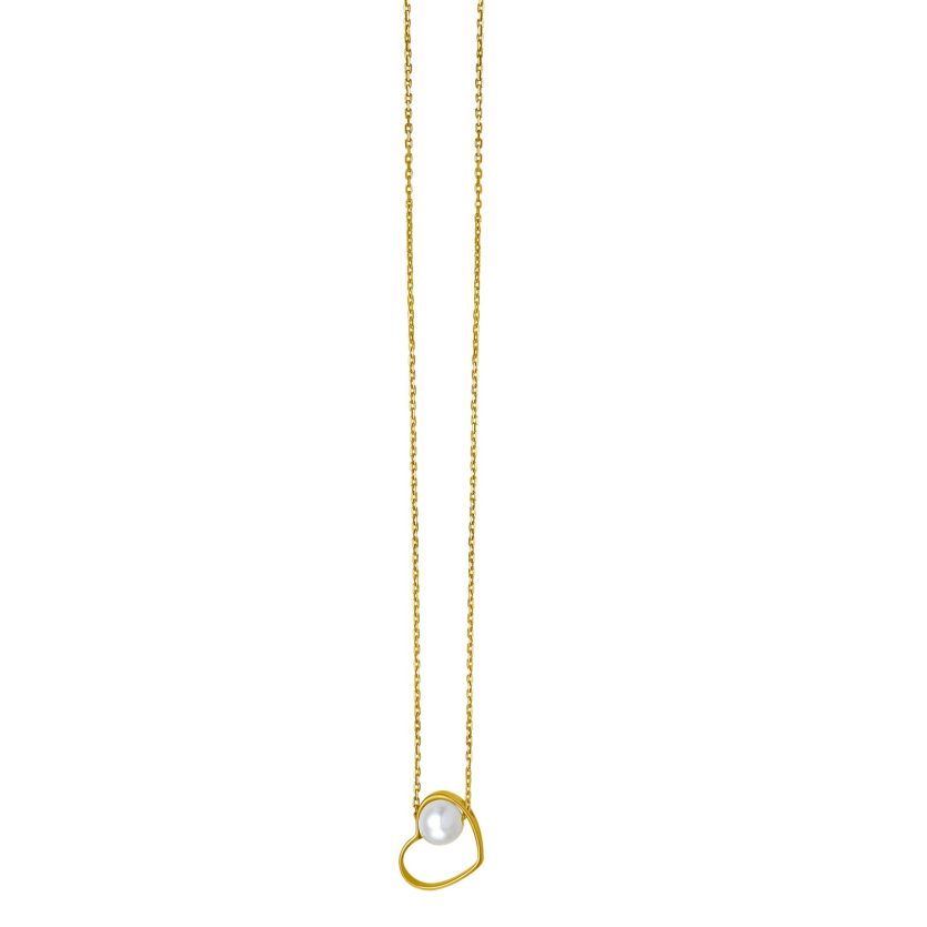 Open Heart and Pearl Necklace in 14K Yellow Gold - Image 1
