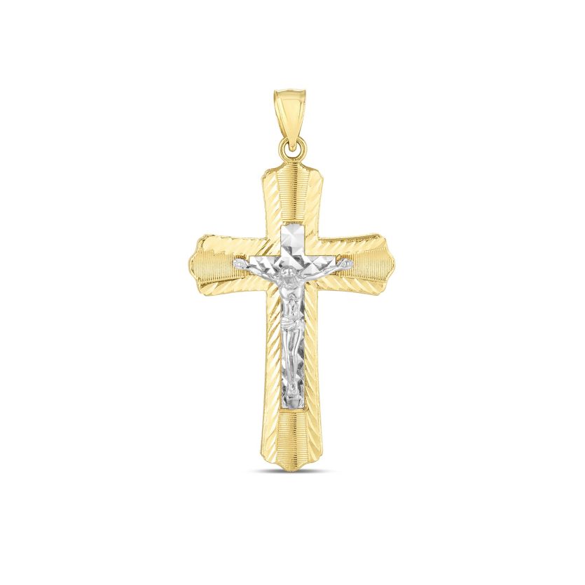 14k Two Tone Gold High Polish Diamond Cut Cross Pendant - Image 1