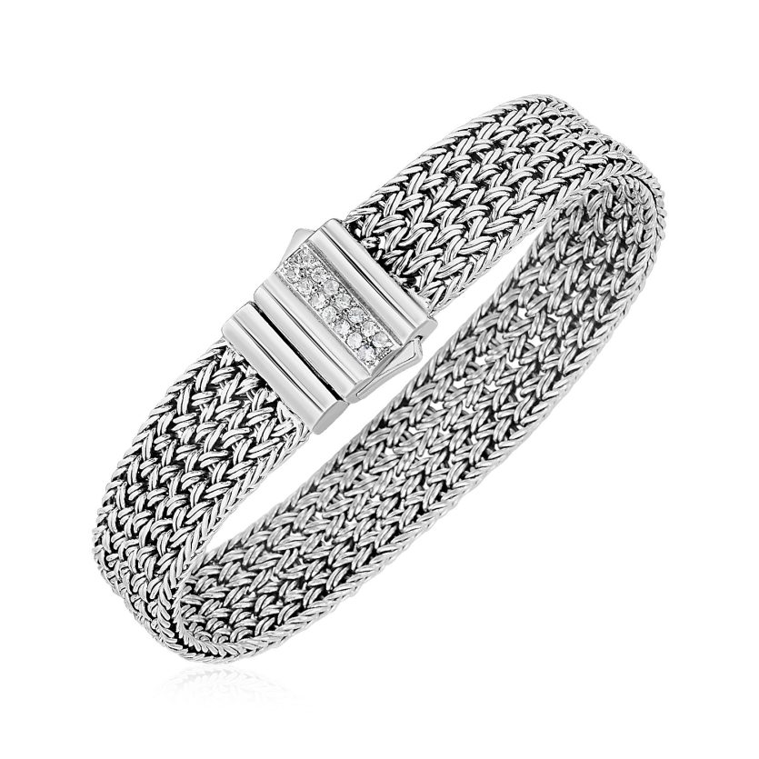Woven Rope Bracelet with White Sapphire Accented Clasp in Sterling Silver - Image 1