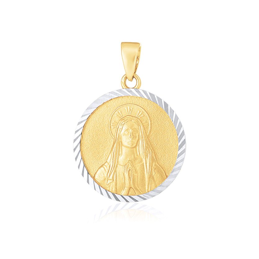 14k Two Tone Gold Round Textured Religious Medal Pendant - Image 1