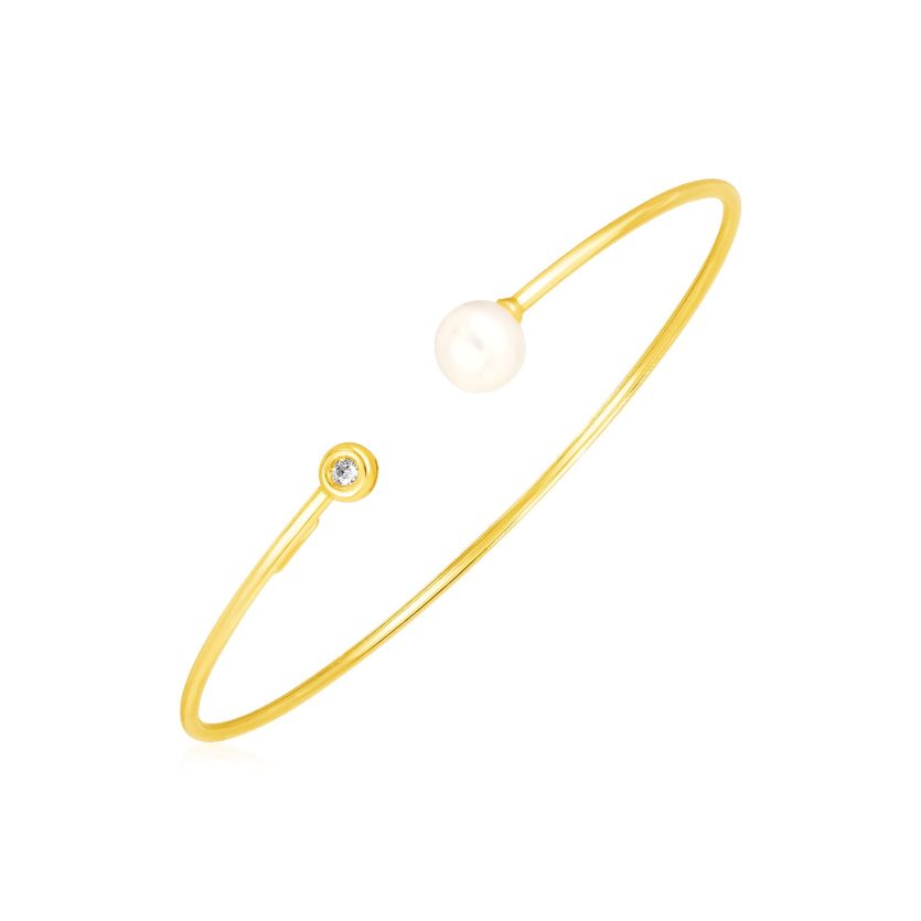 14k Yellow Gold Cuff Bangle with Pearl and Diamond (3.00 mm) - Image 1