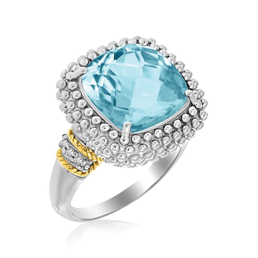 18k Yellow Gold & Sterling Silver Sky Blue Topaz and Diamond Popcorn Ring - Image 1
