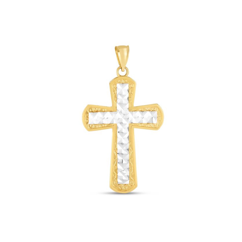 14k Two Tone Gold High Polish Diamond Cut Cross Pendant - Image 1