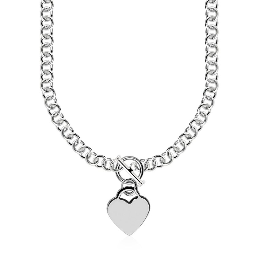 Sterling Silver Rolo Chain  with a Heart Toggle Charm and Rhodium Plating - Image 1