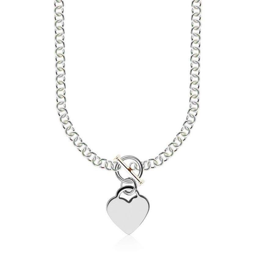 Sterling Silver Rhodium Plated Rolo Chain Necklace with a Heart Toggle Charm - Image 1