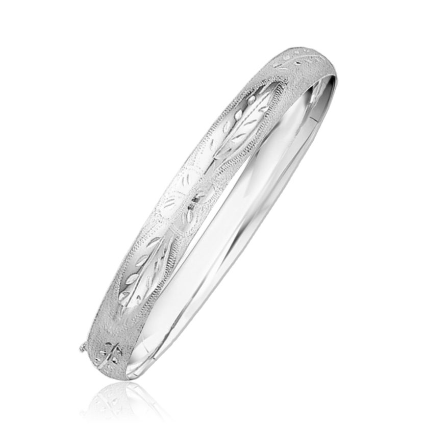 Classic Floral Carved Bangle in 14k White Gold (8.00 mm) - Image 1