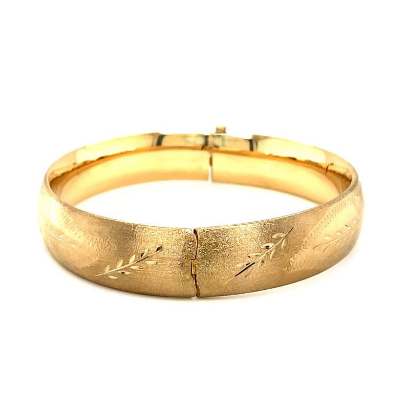 Classic Floral Carved Bangle in 14k Yellow Gold (13.50 mm) - Image 2